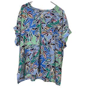 Boho Leaf Print Blouse • Cotton Bleu 1X • Cap Sleeve • Made in USA